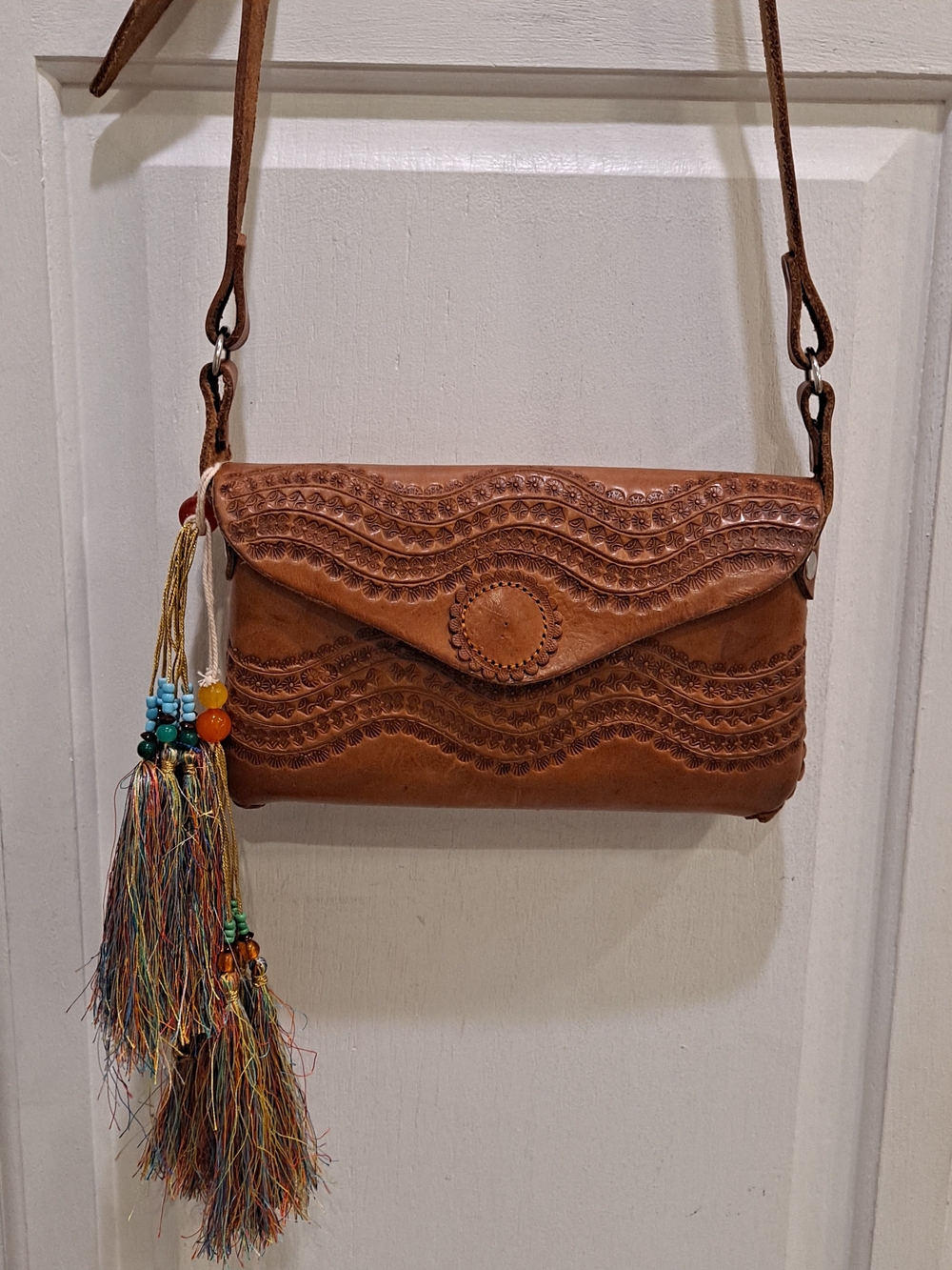 Artisan Brown Leather Handtooled Crossbody Bag W/Multicolor Tassel Multi-pattern